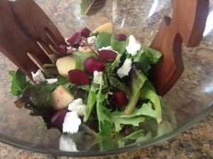 Mixed greens with this dressing, roasted beets, tart apple and goat cheese